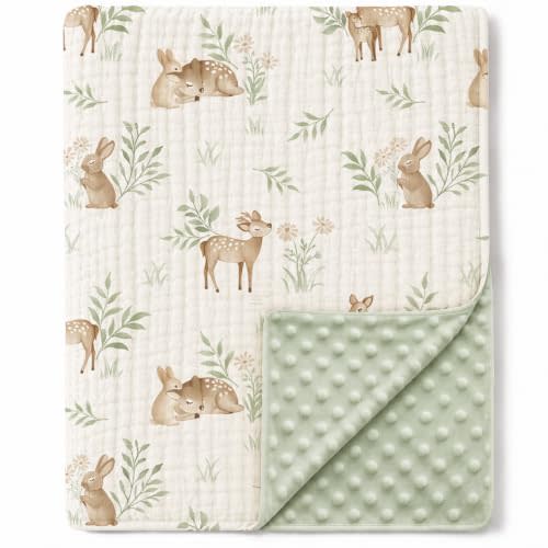 Konssy Soft Muslin Baby Blanket for Unisex Boys & Girls, 30 x 40 Inch | Cotton Front with Dotted Fleece Back, Suitable for Receiving, Swaddling, Nursery, from Newborns to Toddlers (Woodland)