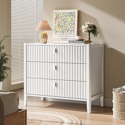 MAISONARIA White 3 Drawer Dresser, Modern Chest of Drawers for Bedroom, Wood Storage Dresser Organizer with Deep Drawers for Clothes, Nightstand for Bedroom, Hallway, Living Room, Entryway