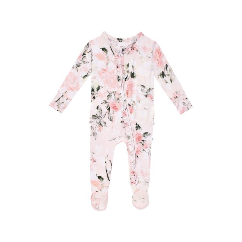 Vintage Pink Rose Ruffle Fitted Footie Pajamas, 0-3M