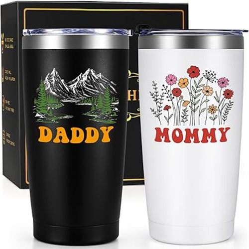 Qtencas New Parents Gifts For Couples, Gifts for New Parents, Mom and Dad Gift insulated Travel Tumbler Set, Pregnancy Announcement, Christmas Birthday Gift, 20 Oz Black & White