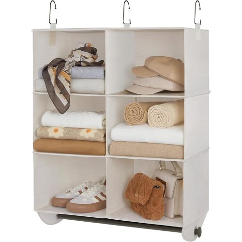 StorageWorks Hanging Closet Organizer with Metal Rod, 6-Section Closet Organizers and Storage, Collapsible Hanging Shelves for Baby Clothes, Shoes, Sweater Storage, Ivory and White