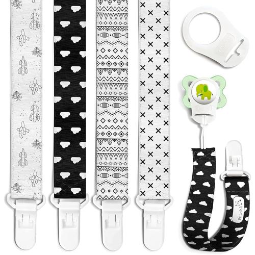 Pacifier Clip - 4 Pack Set of Unique Modern Design Binky Clip Fits All Pacifiers, Soothers. Unisex for Boys and Girls for Baby Shower Registry - White