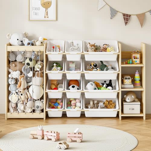 3-in-1 Toy Storage Organizer, Stuffed Animal Holder & 3-Tier Bookcase, Solid Wood Toy Organizer with 12 Storage Bins, Space-Saving Toy & Book Shelf for Kids Rooms, Bedroom, Playroom, White