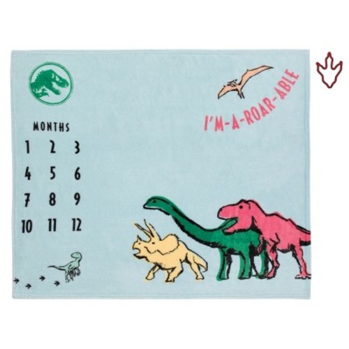 NoJo Welcome to the Universe Baby, Jurassic World I'm-a-Roar-able Dinosaur Super Soft Milestone Baby Blanket, Aqua, Green Red, Yellow