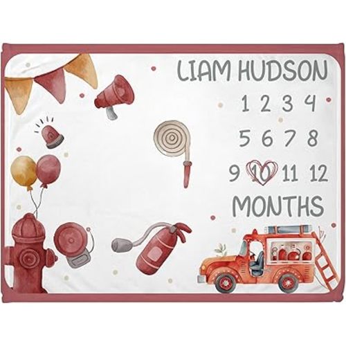 Firefighter Milestone Blanket, Fireman Boy Blanket, Personalized Fire Truck Baby Month Blanket, Newborn Gift, Blanket for Baby, Personalized Baby Girl Blanket with Name