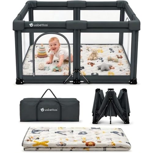 usbettas Foldable Baby Playpen with Mat, 1-Minute Setup, Lightweight Portable Playpen with Carry Bag, 50"x50" Indoor Outdoor Safty Play Yard for Babies & Toddlers, Dark Gray