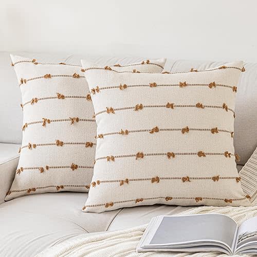 Boho Throw Pillow Covers 18x18 Set of 2 Modern Farmhouse Decorative Cushion Case Tufted Square Pillows Cover Neutral Pillow Cases Accent Pillowcase for Sofa,Couch,Bed,Beige and Brown