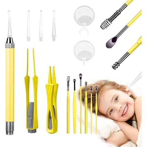 15 Pack Ear Wax Removal Tool Kit with Light - LED Ear Cleaning Kit, Ear Wax Removal for Kids and Adults, Ear Cleaning Tool, Ear Picker Spoon & Ear Tweezers & Spiral Spring Ear Spoon Yellow