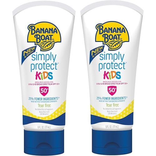 Banana Boat 100% Mineral Kids Sunscreen Lotion SPF 50, Twin Pack | Banana Boat Mineral Sunscreen for Kids, Childrens Sunblock SPF 50, Oxybenzone Free, 6Fl Oz each (Pack of 2)