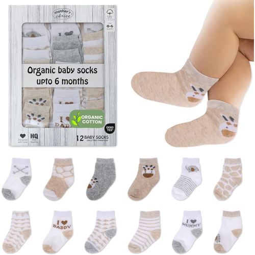 Mother's Choice Organic Cotton Baby Socks, 12 Pairs, Unisex 0-6 Months - Soft, Hypoallergenic Newborn & Infant Socks - Baby Girl & Boy Gifts