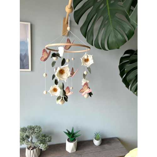 Flowers baby mobile, Butterfly crib mobile, green floral baby mobile, hanging felt mobile, cot mobile for baby girl, flowers nursery decor