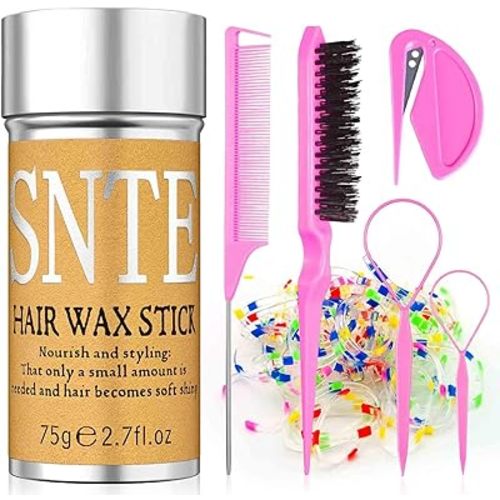 Hair Ties & Wax Stick Set for Frizz Control, Smooth Flyaways, Braid & Edge - 100 Colorful Elastic Rubber Bands, 2 Topsy Tail Tools, 1 Hair Tie Cutter & 2 Brushes - Styling Accessories for Girls & Kids