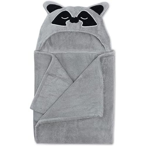 Natemia Premium Ultra Soft Hooded Baby Towel - Grey Raccoon Animal Design - Newborn to Toddler - Made in Turkey