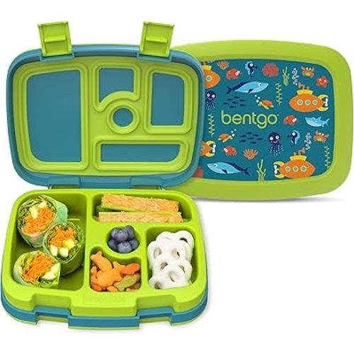 Bentgo Kids Prints Leak-Proof, 5-Compartment Bento-Style Kids Lunch Box - Ideal Portion Sizes for Ages 3-7, Durable, Drop-Proof, Dishwasher Safe, & Made with BPA-Free Materials (Submarine)