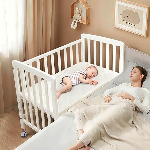 Baby Bassinets Bedside Sleeper - Portable Pine Wood Bedside Bassinet,6 Heights Small Mini Crib with Mattress,Space-Saving Design Baby Crib for Newborns 0-12 Months,White