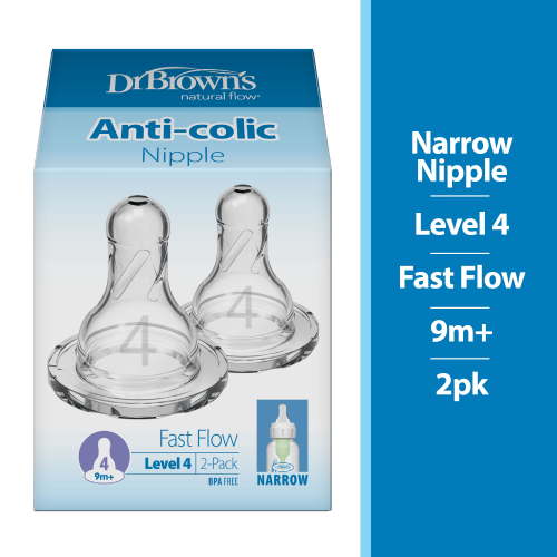 Dr. Brown's Baby Bottle Silicone Nipple Level 4 Fast Flow 9m+ Narrow 2 Pack