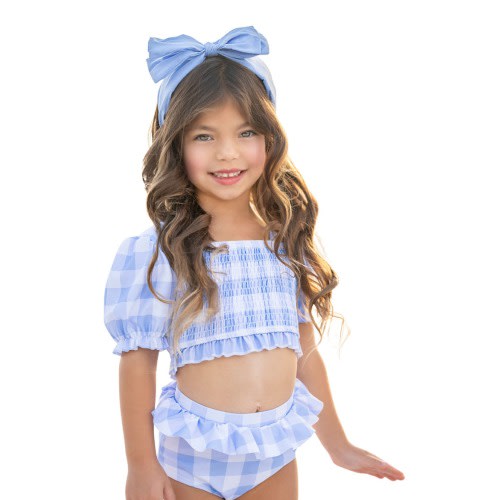 Girls Blue Skies Gingham Puff Sleeve Two-Piece Swimsuit