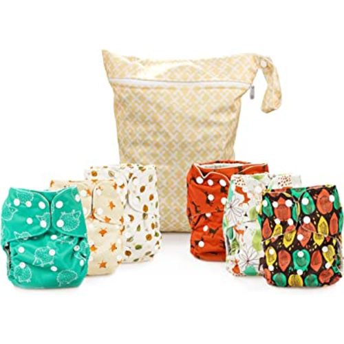 Simple Being Reusable Cloth Diapers, Double Gusset, One Size Adjustable, Washable Soft Absorbent, Waterproof Cover, Eco-Friendly Unisex Baby Girl Boy, six 4-Layers Microfiber Inserts (Forest)