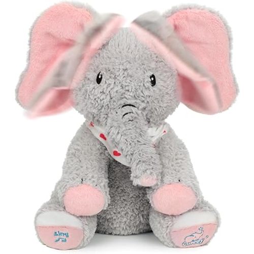 Cuteoy Peek A Boo Elephant Interactive Plush Toy with Moving Ears Musical Singing Talking Stuffed Animal Adorable Electric Animate Christmas Birthday Gifts for Girls Boys
