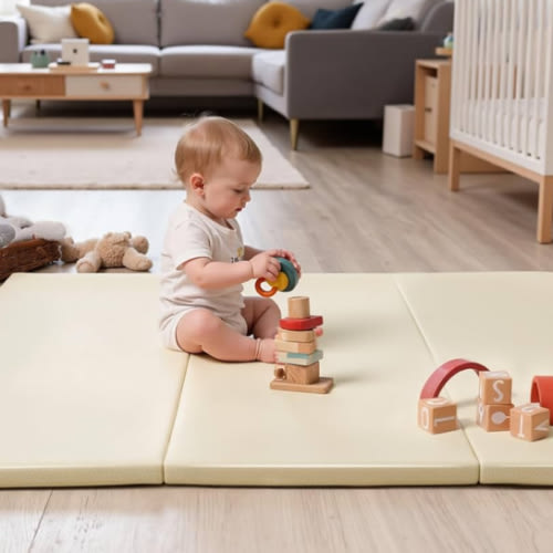 Foam Baby Play Mat: PU Leather Waterproof Kids Playmat - Trifold Floor Mat - Large Play Mat for Playpen Thick Pad Fodable Mattress Soft Toddler Mattress Infant Cushion for Preschool (Beige)
