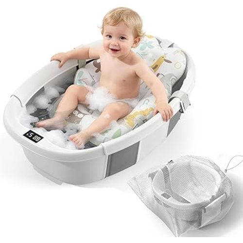 Collapsible Baby Bathtub, 3s to Install, Baby Bath Tub with Soft Cushion & Thermometer, 0-36 Months Newborn Bathtub, Portable Travel Baby Tub, Grey