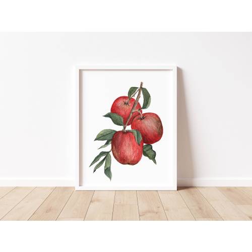 Red Apple Art Print, Watercolor Apples Art Print, Apples on Branch Watercolor Painting, Fruit Wall Art