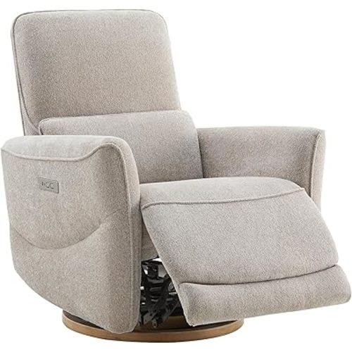 CHITA Power Nursery Rocking Chair, Swivel Glider Recliner Chair with Solid Wood Base, Bulit-in USB & Type-C Charging Ports for Living Room, FSC Certified, Taupe
