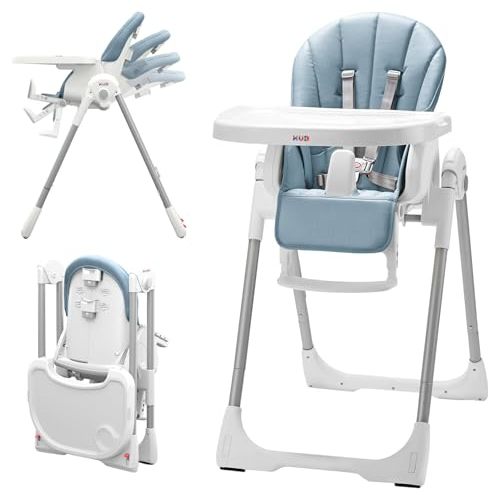 KÜB 3-in-1 Foldable & Portable Baby High Chair with 2 Lockable Wheels(Blue) | 7 Height & 4 Recline Adjustable High Chairs for Babies and Toddlers with Removable Seat & Tray for Easy Clean