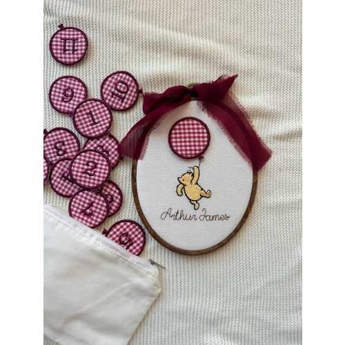 Baby monthly milestone hoop with embroidered classic Winnie the Pooh, personalised newborn photo prop gift