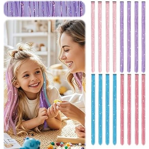 Fairy Hair Tinsel Kit for Girls, Colored Hair Extensions for Kids, Crazy Hair Accessories for Girls, Clip in Tinsel Extensions, 16 Pieces
