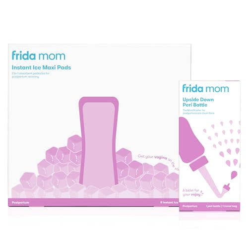 Frida Mom Upside Down Peri Bottle + 2-in-1 Postpartum Absorbent Perineal Ice Maxi Pads | for Postpartum Care, Perineal Recovery and Cleansing After Birth