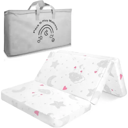 Trifold Pack and Play Mattress, 38"x26" High Density Foam Pack N Play Mattresses for Baby Toddler, Foldable Portable Travel Crib Mattress for Pack N Play with Carry Bag, Heart Pattern
