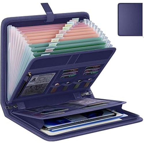 Fireproof Accordion File Organizer, Portable Expanding File Folder with Waterproof Zipper&Labels, Blue Document Organizer with 13 Pockets, File Organizer for Important Document/Paper Storage