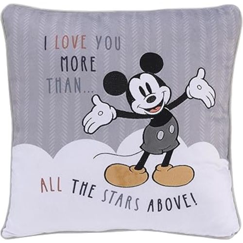 Disney Mickey Mouse Love Mickey Gray, White, Black, and Tan I Love You More Than All The Stars Above Applique Decorative Pillow