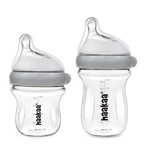 haakaa Gen.3 Natural Glass Baby Bottle Set 4.2oz & 6oz - Wide Neck Anti-Colic Slow Varibale Flow Nipple, 0M+ 3M+ 6M+ Breastfed Babies