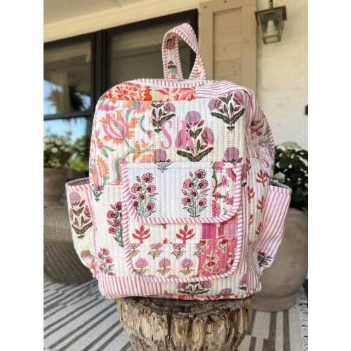 Embroidered Cotton Quilted Backpack, Personalized Floral Backpack, Quilted Girls Print Backpack, Monogram School Bag, Kids Travel