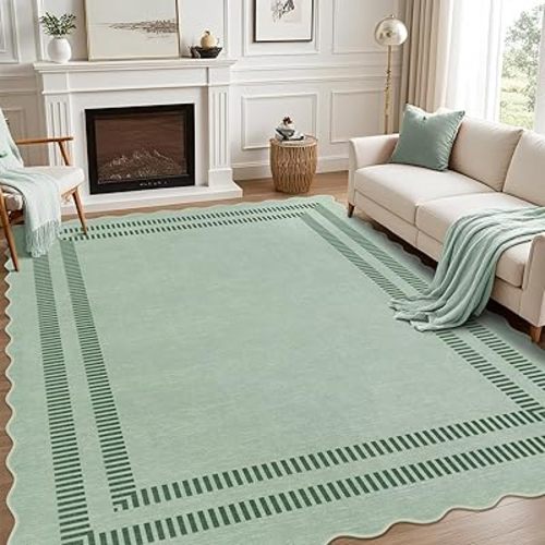 Washable 8x10 Rugs for Living Room Bedroom, Non-Slip Sage Green Indoor Carpet for Dining Room Office, Ultra Thin Scalloped Soft Carpets for Kids Nursery Playroom