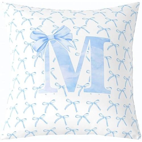 Cartoon Bowknot Kids Throw Pillow Cover,Blue Bow Tie Letter M Knot Princess Double Sides Pillow Case Girls Women,Watercolor Bow Patchwork Blue White Bed Couch Sofa Cushion Cover,Single Pack 16"x16"