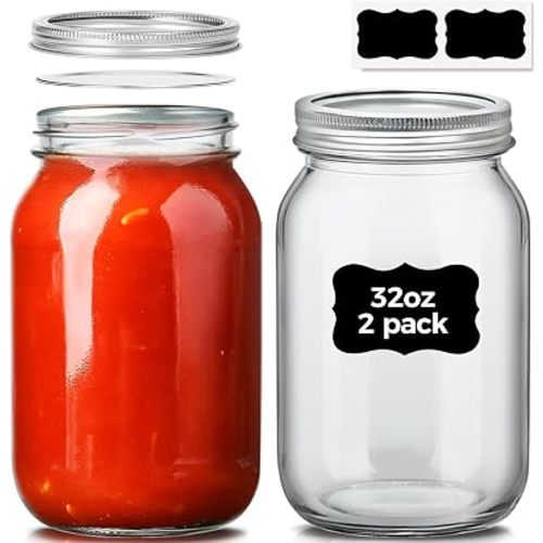 ComSaf 32 oz Wide Mouth Mason Jars 2 Pack Large Glass Jars with Lids
