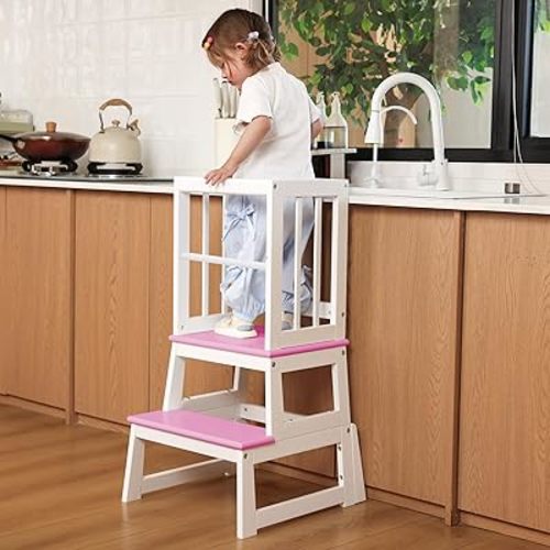 Kids Kitchen Step Stool, Ideal Toddler Learning Standing Tower, 2025 New Upgrade with an Anti-tip Structure and Anti-Drop Safety Bar, More Stable and Safer - White Pink