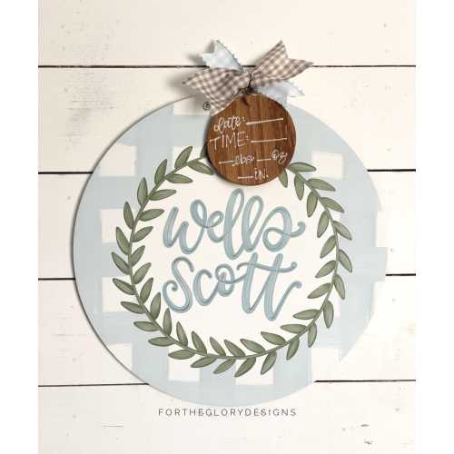 circle hospital door hanger for boys // blue plaid, greenery circle // circle leaves wreath // nursery name sign