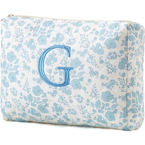 HBselect Initial Quilted Makeup Bag, Cotton Large Travel Makeup Bag, Cute Floral Coquette Make up Bag Cosmetic Bag Toiletry Bag for Women Girls G