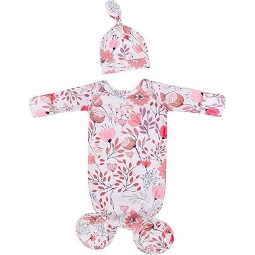 MVUOCR Newborn Baby Girl's Knotted Gowns Floral Baby Sleeper Infant Nightgowns Gift and Soft Coming Home Outfit with Hat