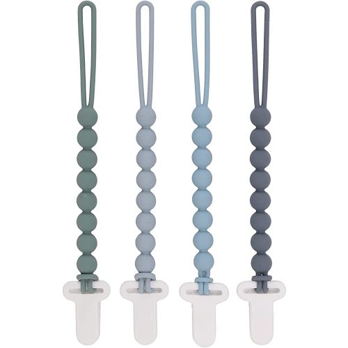 4-Pack Silicone Pacifier Clips with One-Piece Beads for Baby Boys and Girls - Flexible and Rust-Free Holders for Teething Relief and Baby Essentials, Safe for Newborns (Grey)