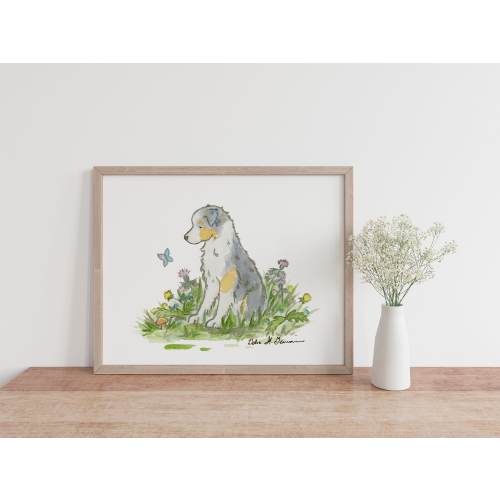 Australian Shepherd Art, Blue Merle Aussie Print, Puppy Nursery Art, Watercolor Print, Children's Art Kids Dog Art, Baby Room Decor