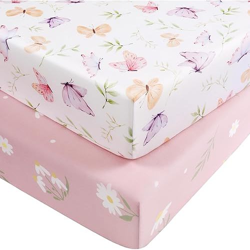 Baby Crib Sheets Girl, Fitted Crib Sheets 52" x 28", Soft Breathable Microfiber Sheets for Standard Crib and Toddler Mattress, 2-Pack Pink Butterfly