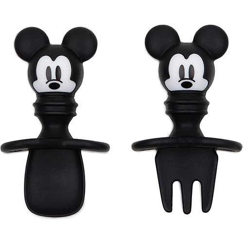 Bumkins Disney Baby Utensils Set, Chewtensils Silicone Spoons for Dipping, Self-Feeding, Baby Led Weaning, Trainer Learning, First Stage Eating, Soft Fork and Spoon, Babies 6 Months, Mickey Mouse