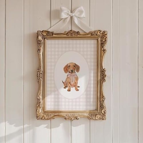 Brown Dachshund Nursery Decor, Watercolor Wiener Dog Nursery Print, Baby Girl Pink Gingham Wall Print Coquette Pink Bow Wall Art Unframed 131