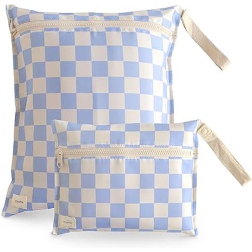 mushie Water Resistant Wet Bags | Large & Small Reusable Storage Bag for Baby Items and Travel | Zippered Pockets with Handle | Machine Washable, Set of 2 (Blue Check)