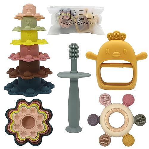 SIRELI Set of 4 Baby Teething Toys,100% Food Grade Silicone, BPA Free, 6-12 Months Toy, Baby Boy Girl Gift Set, Travel Toy, Soothing Teether Set, Never Drop Glove Teether, Stacking Toy, Multicolor